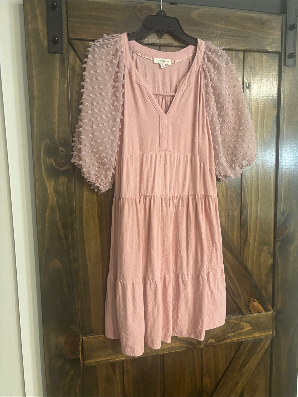 Umgee Dusty Pink Tiered Dress with Sheer Puff Sleeves